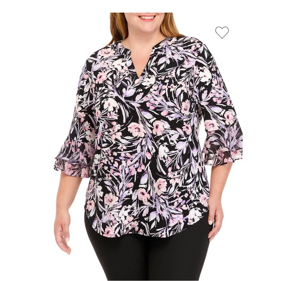 Kasper Floral Print Bell Sleeve Blouse/Top Split Neck Size 1X Office Career - Picture 1 of 12